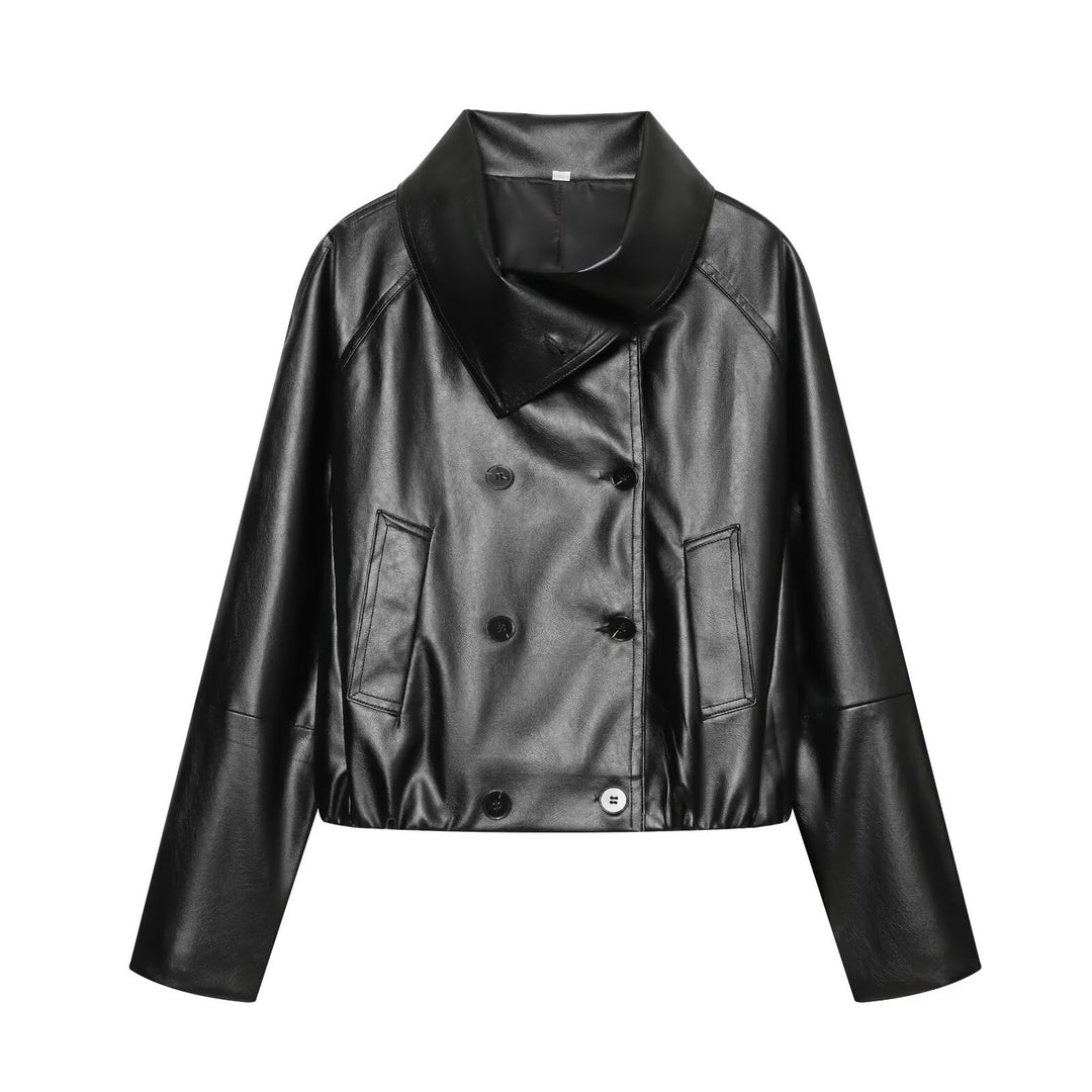 Damen Cropped Kunstlederjacke mit weitem Funnelkragen und doppelreihiger Knopfleiste Nord Taschen