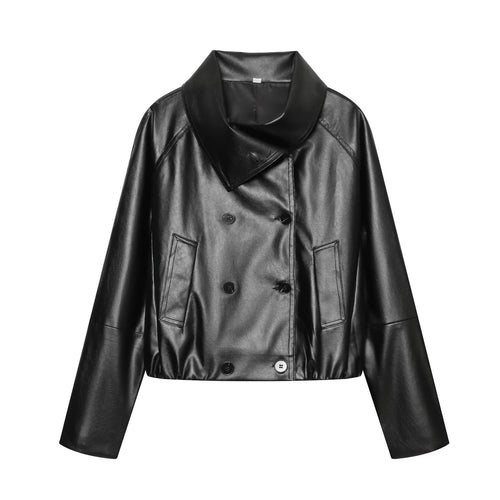 Damen Cropped Kunstlederjacke mit weitem Funnelkragen und doppelreihiger Knopfleiste Nord Taschen