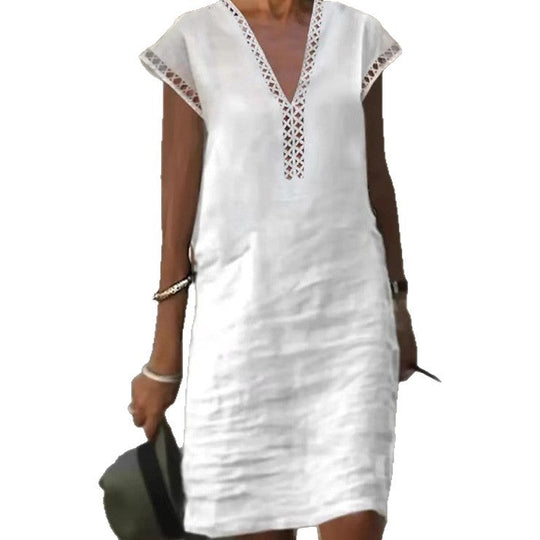 Damen Leichtes Leinenkleid mit V-Ausschnitt und dezenten Cut-Out-Verzierungen