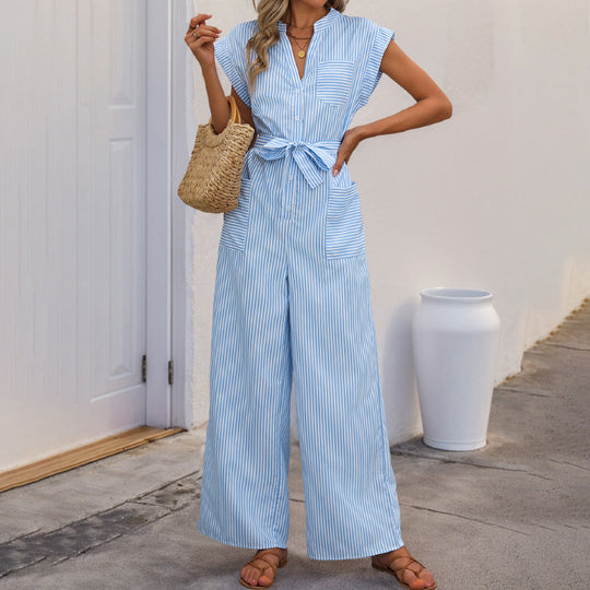 Damen Gestreifter Jumpsuit mit weitem Bein, Taillenschärpe und Hemdblusen-Detail Nord Taschen