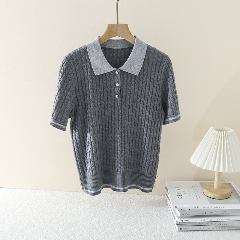 Damen Kurzarm Strickpoloshirt mit Zopfmuster und Kontrastkragen Nord Taschen