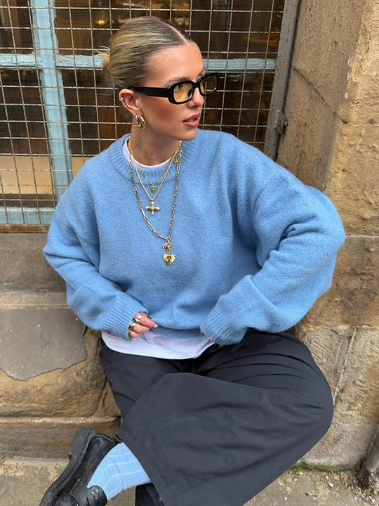 Damen Flauschiger Boxy Strickpullover aus Alpaka-Mix mit weitem Rundhalsausschnitt Nord Taschen