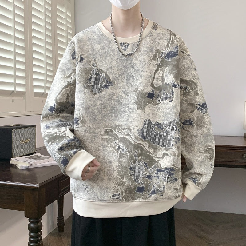 Herren Oversize-Sweatshirt mit abstraktem Marmor-Print und schwerer Baumwollmischung Nord Taschen
