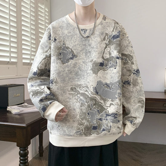 Herren Oversize-Sweatshirt mit abstraktem Marmor-Print und schwerer Baumwollmischung Nord Taschen