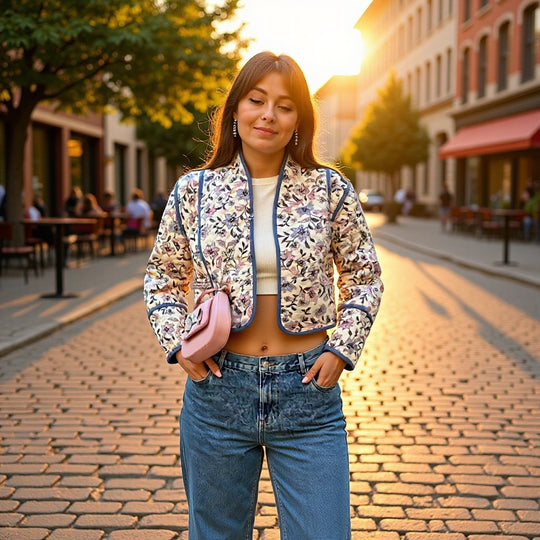 Damen Kurz geschnittene gesteppte Blousonjacke mit floraler Stickerei und Kontrastpaspel Nord Taschen