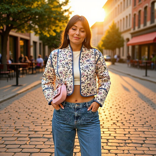 Damen Kurz geschnittene gesteppte Blousonjacke mit floraler Stickerei und Kontrastpaspel Nord Taschen