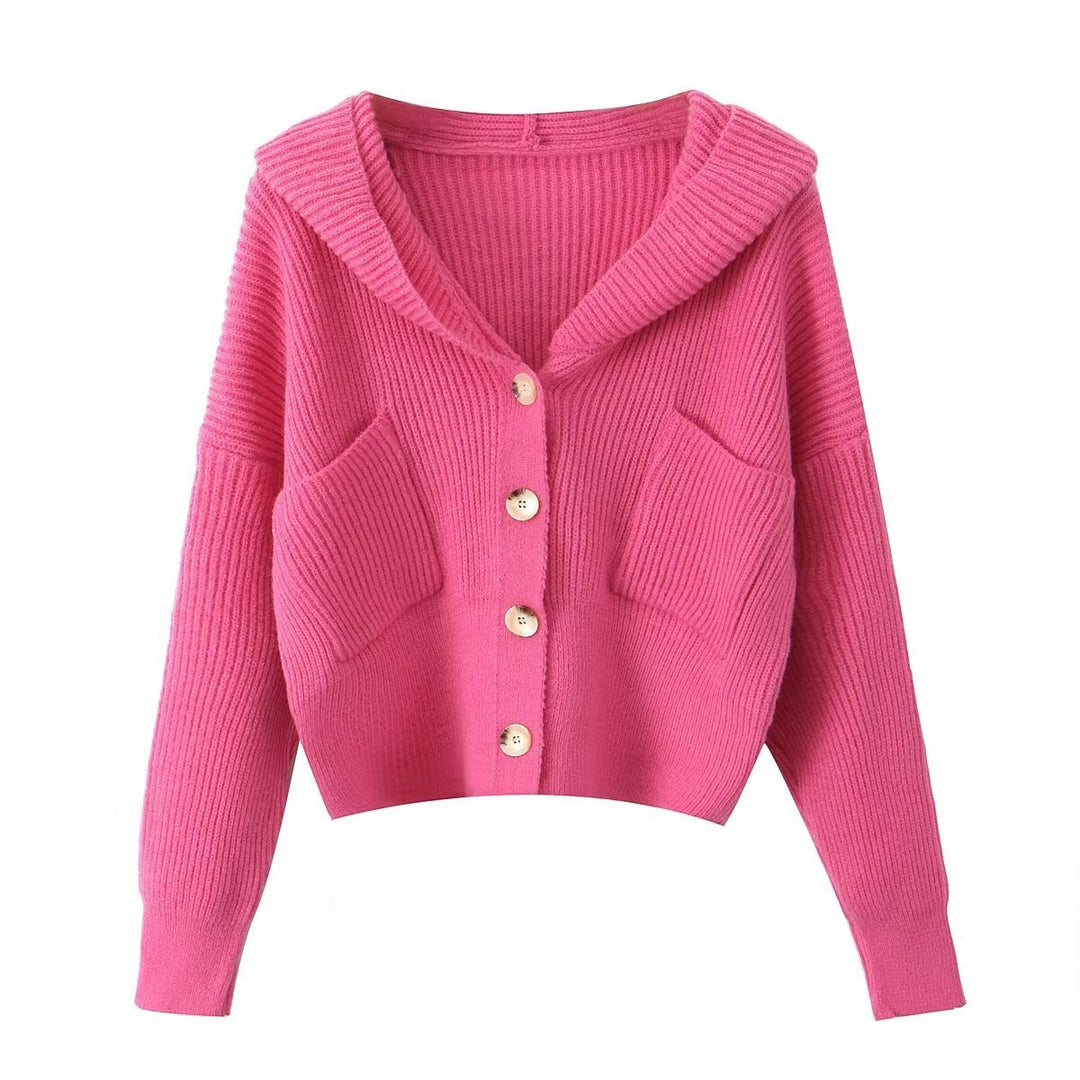 Damen Kurze Rippstrick-Cardigan mit weitem Kapuzenkragen und aufgesetzten Taschen Nord Taschen