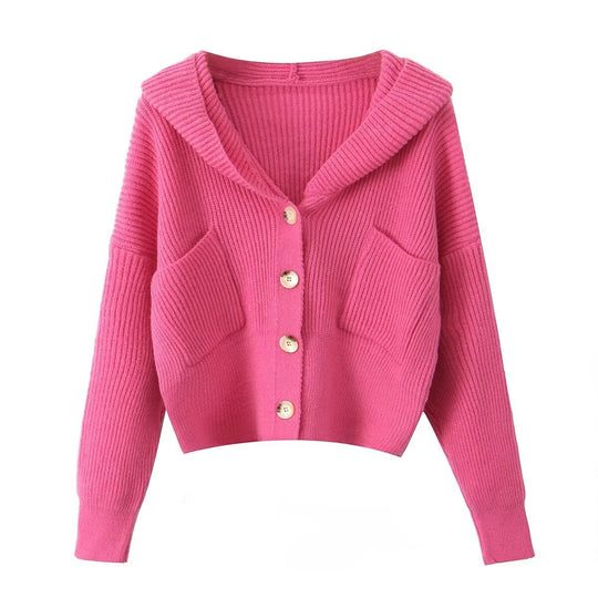 Damen Kurze Rippstrick-Cardigan mit weitem Kapuzenkragen und aufgesetzten Taschen Nord Taschen