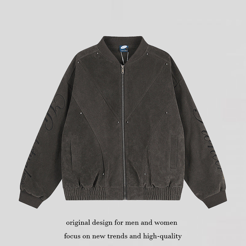 Damen Oversize-Bomberjacke im Velours-Look mit Script-Ärmeln und Metallnieten Nord Taschen