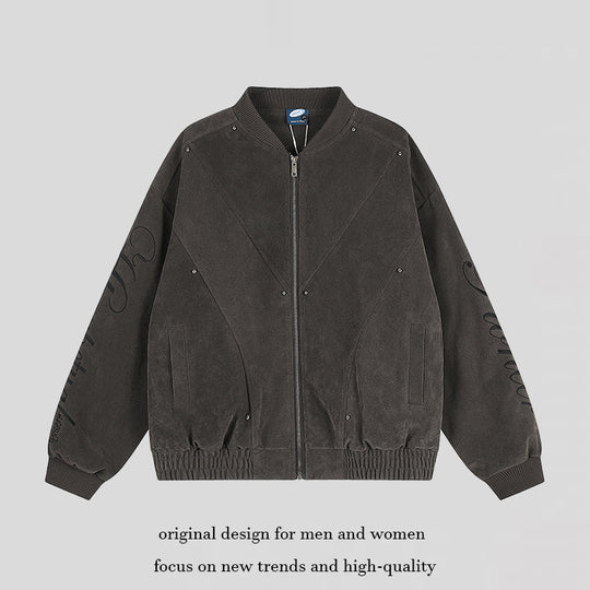 Damen Oversize-Bomberjacke im Velours-Look mit Script-Ärmeln und Metallnieten Nord Taschen