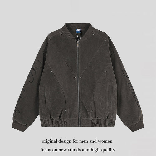 Damen Oversize-Bomberjacke im Velours-Look mit Script-Ärmeln und Metallnieten Nord Taschen