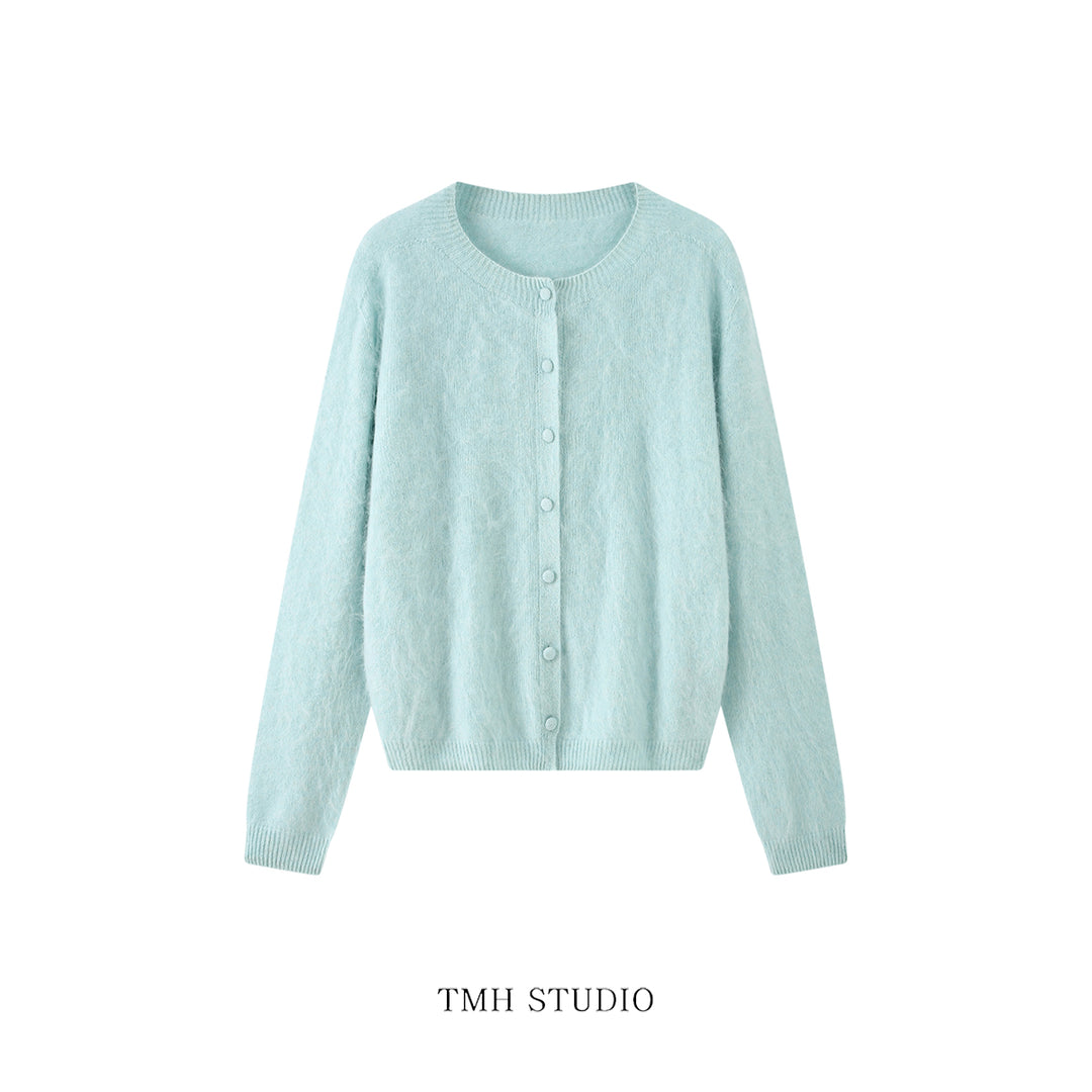 Damen Feinstrick-Cardigan in Mohair-Optik mit stoffbezogenen Knöpfen Nord Taschen