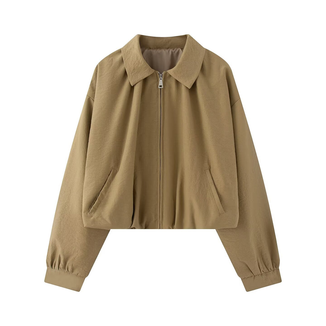Damen Cropped-Boxy-Jacke im Oversize‑Look mit Hemdkragen, Reißverschluss und elastischen Bündchen Nord Taschen