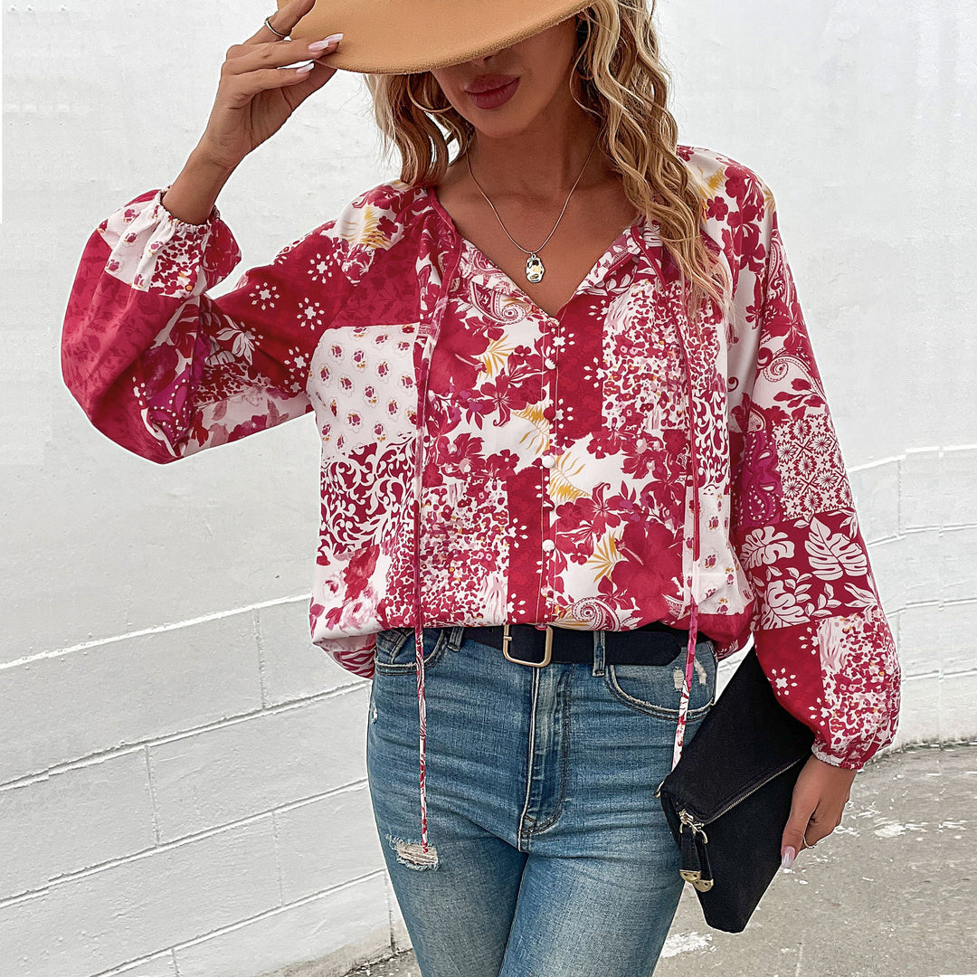 Damen Leichte Boho-Bluse mit Patchwork‑Print, Bindeschlitz und Ballonärmeln Nord Taschen