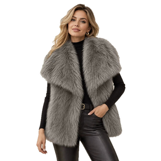 Damen Ärmellose Hochflor‑Kunstfellweste mit voluminösem Schalkragen und Eingrifftaschen Nord Taschen