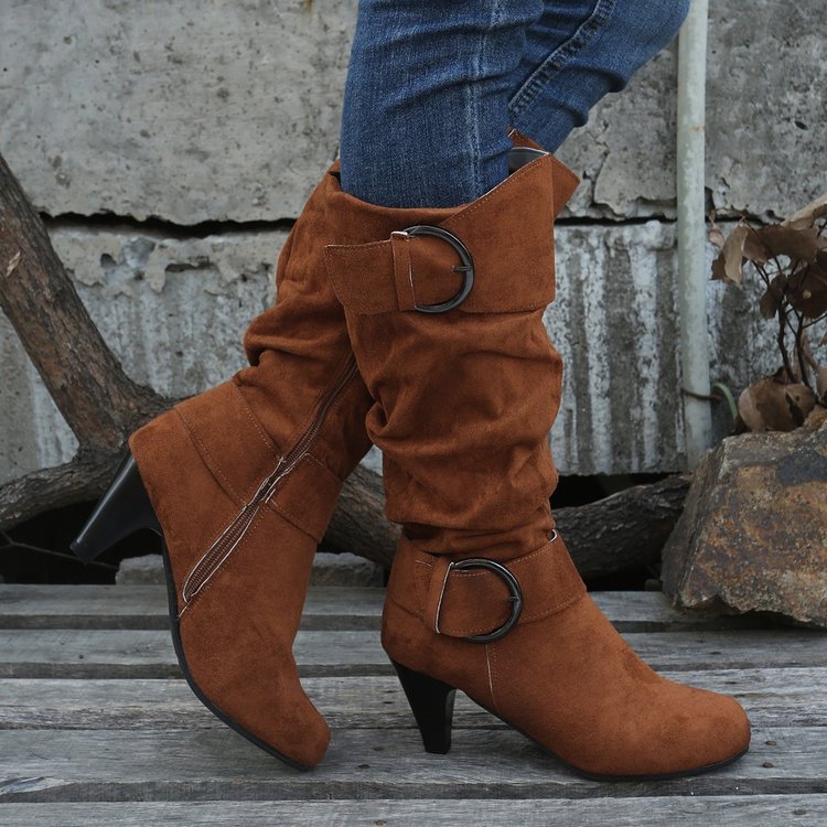 Damen Stiefel mit weichem Kunstvelours, Schlupf-Schaft und Zierschnallen Nord Taschen