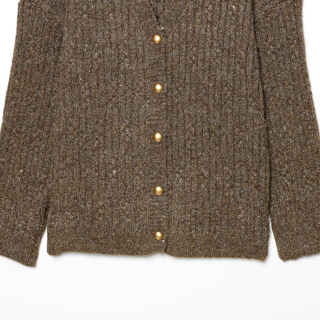 Damen Grobgestrickte Cardiganjacke mit V-Ausschnitt und goldenen Zierknöpfen Nord Taschen