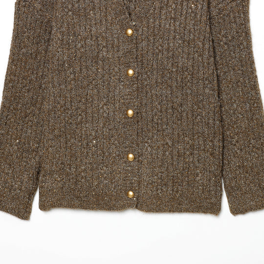 Damen Grobgestrickte Cardiganjacke mit V-Ausschnitt und goldenen Zierknöpfen Nord Taschen