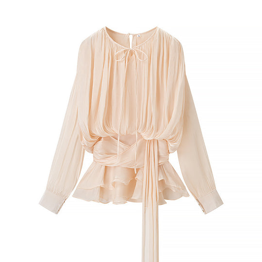 Damen Chiffon-Bluse mit geraffter Taille, Wickelband und Volant-Saum Nord Taschen