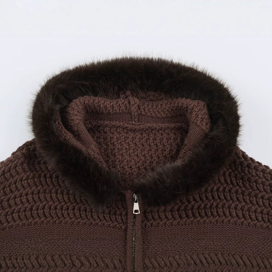 Damen Strickjacke mit durchgehendem Reißverschluss und kuscheligem Kunstpelzkragen Nord Taschen