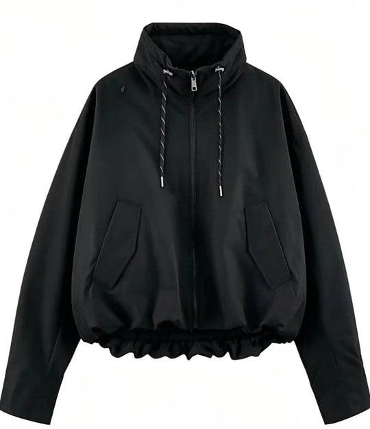 Damen Oversize Cropped Kapuzenjacke mit durchgehendem Reißverschluss, Kordelzug und gerafftem Saum Nord Taschen