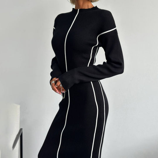 Damen schlankes Midikleid mit Stehkragen, vertikalen Kontrastnähten und Langarm-Rippstrick Nord Taschen