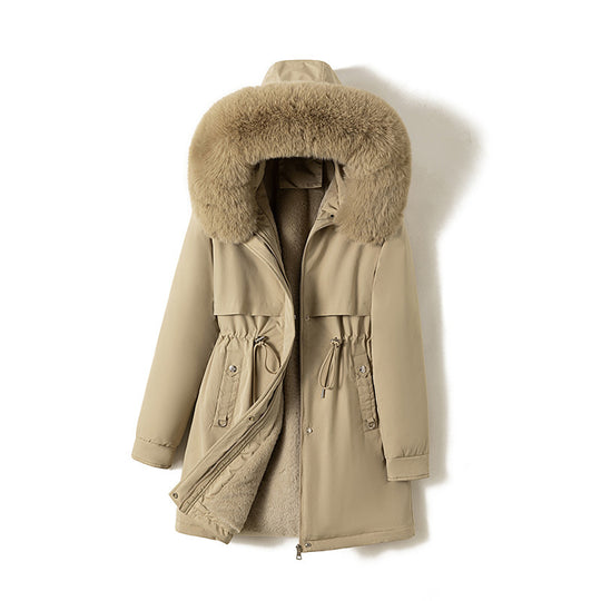 Damen nan moderner Thermoparka im Clean‑Look mit Oversize‑Fellkapuze, innenweichem Teddyfutter und verstellbarer Taille Nord Taschen