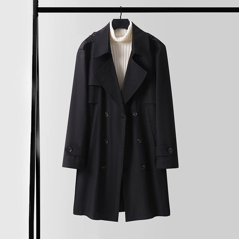 Damen Doppelreihiger Kurztrenchcoat aus leichtem Wollmix mit soften Fall und Schulterklappen Nord Taschen