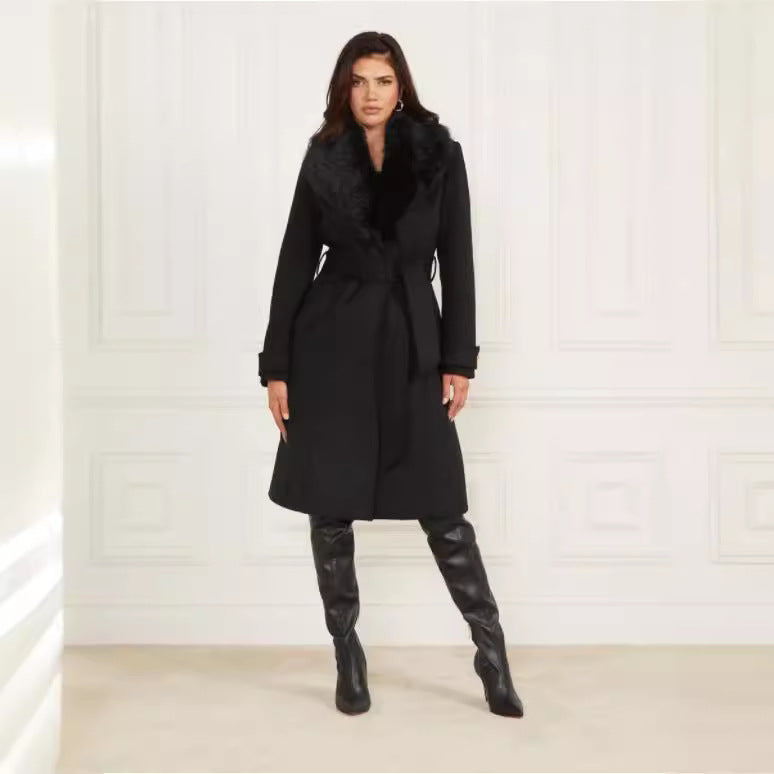 Damen Wollmantel mit abnehmbarem Pelzkragen und Taillengürtel Nord Taschen