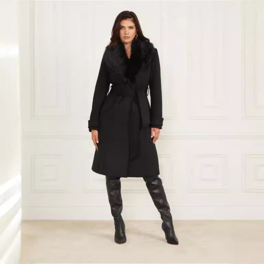 Damen Wollmantel mit abnehmbarem Pelzkragen und Taillengürtel Nord Taschen