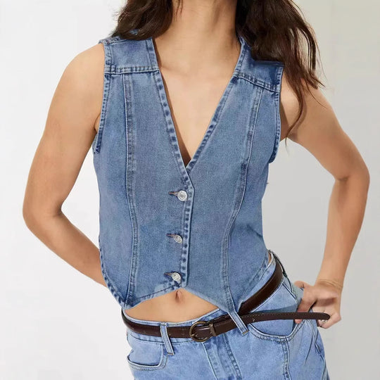 Damen taillierte ärmellose Jeansweste mit V-Ausschnitt Nord Taschen