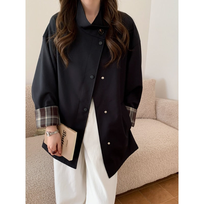 Damen Oversized Kurzjacke mit Druckknopfleiste und karierter Ärmelaufschlag Nord Taschen
