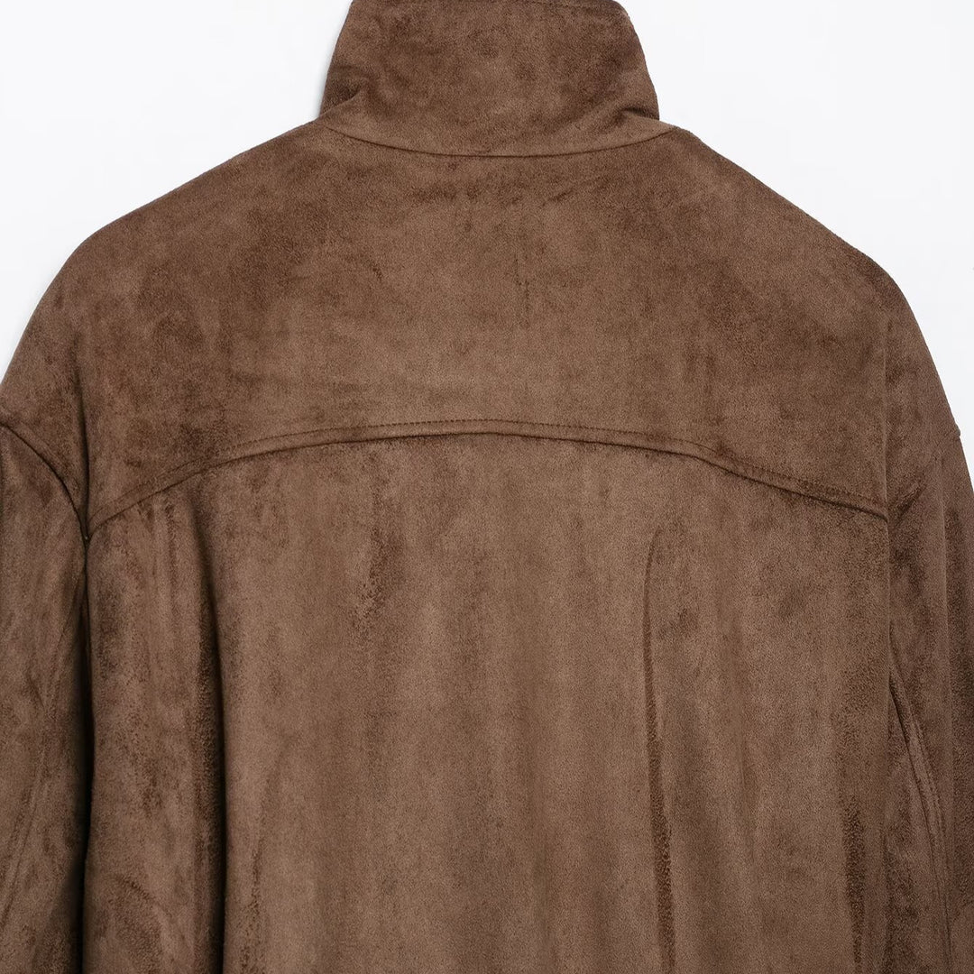 Damen Kurzjacke im Wildleder‑Look mit hohem Stehkragen, dekorativen Teilungsnähten und Bindegürtel Nord Taschen