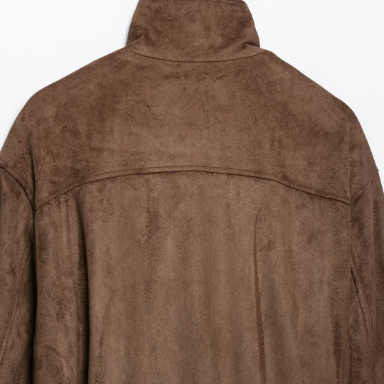 Damen Kurzjacke im Wildleder‑Look mit hohem Stehkragen, dekorativen Teilungsnähten und Bindegürtel Nord Taschen
