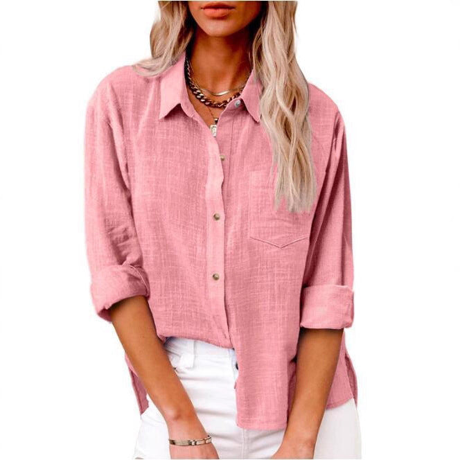 Damen lässige Leinenbluse mit kurzem Arm und Knopfdetails