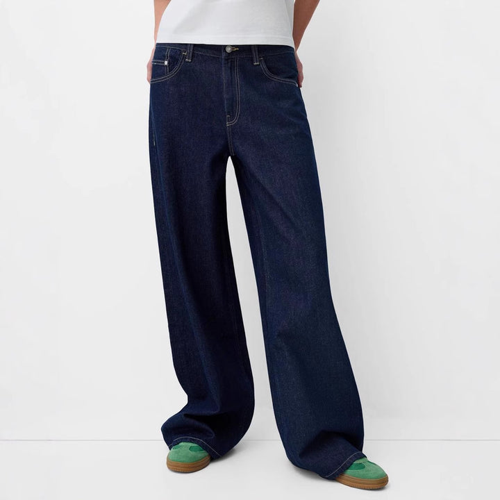 Damen ultraweite bodenlange Denim-Palazzohose mit cleanem Taschen-Schnitt und leichter Stretchwirkung Nord Taschen