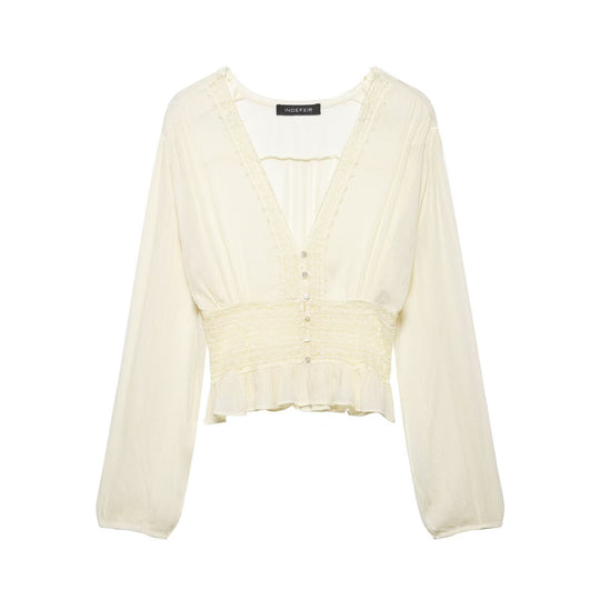 Damen Leichte Bluse mit V‑Ausschnitt, Smokbund und Volantsaum Nord Taschen
