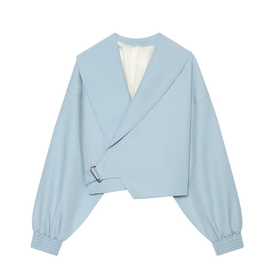Damen Kurze Wickeljacke mit weitem Schalkragen, taillierendem Schnallenband und Ballonärmeln Nord Taschen