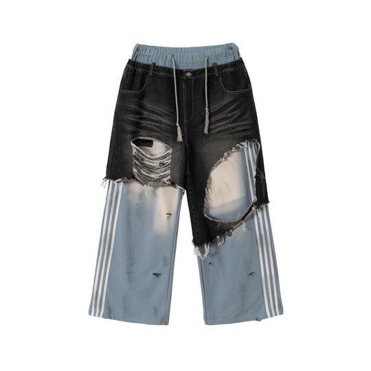 Unisex Patchwork-Jeans-Hybridhose im Oversized-Cut mit elastischem Bund, Destroy-Effekten und weitem Bein Nord Taschen
