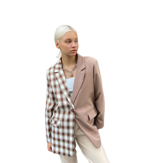 Damen Zweifarbiger Oversize-Blazer mit Karomuster und Reverskragen Nord Taschen