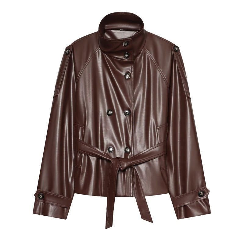 Damen taillierte Kunstlederjacke mit Stehkragen, Bindegürtel und doppelreihiger Knopfleiste Nord Taschen