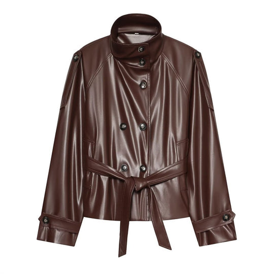 Damen taillierte Kunstlederjacke mit Stehkragen, Bindegürtel und doppelreihiger Knopfleiste Nord Taschen