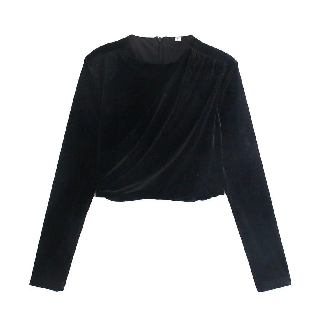Damen Samt-Cropped-Bluse mit Drapierung und Rundhalsausschnitt Nord Taschen