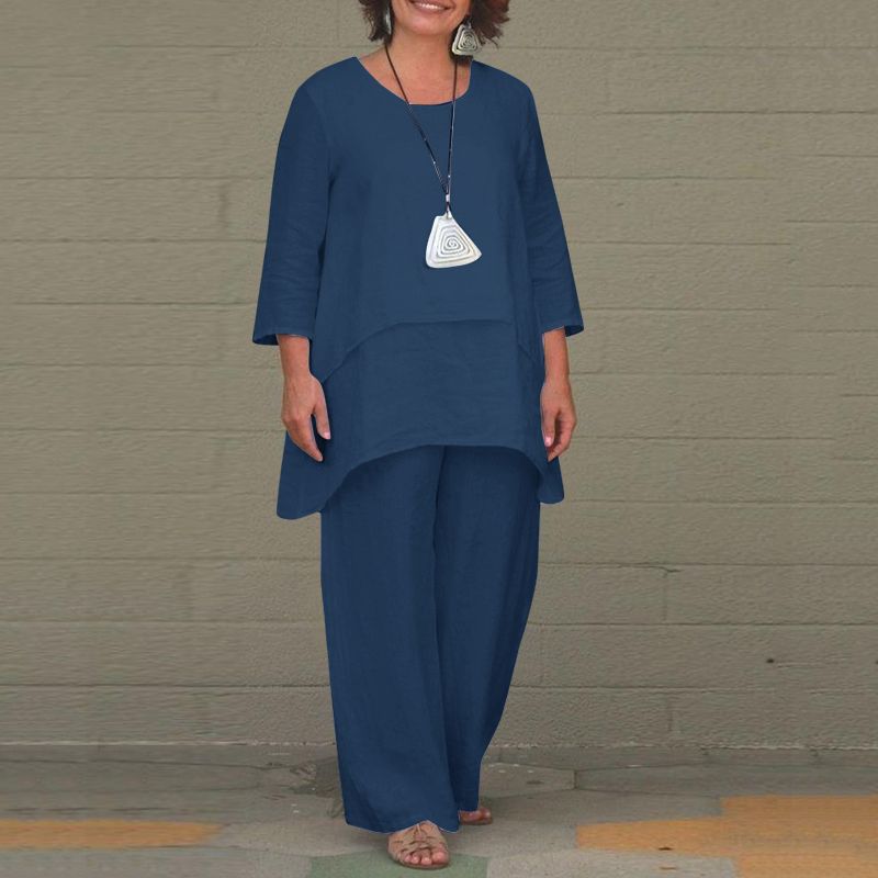 Damen Lässiges Zweiteiliges Leinen-Set mit Oversize-Tunika und weiter Palazzo-Hose Nord Taschen