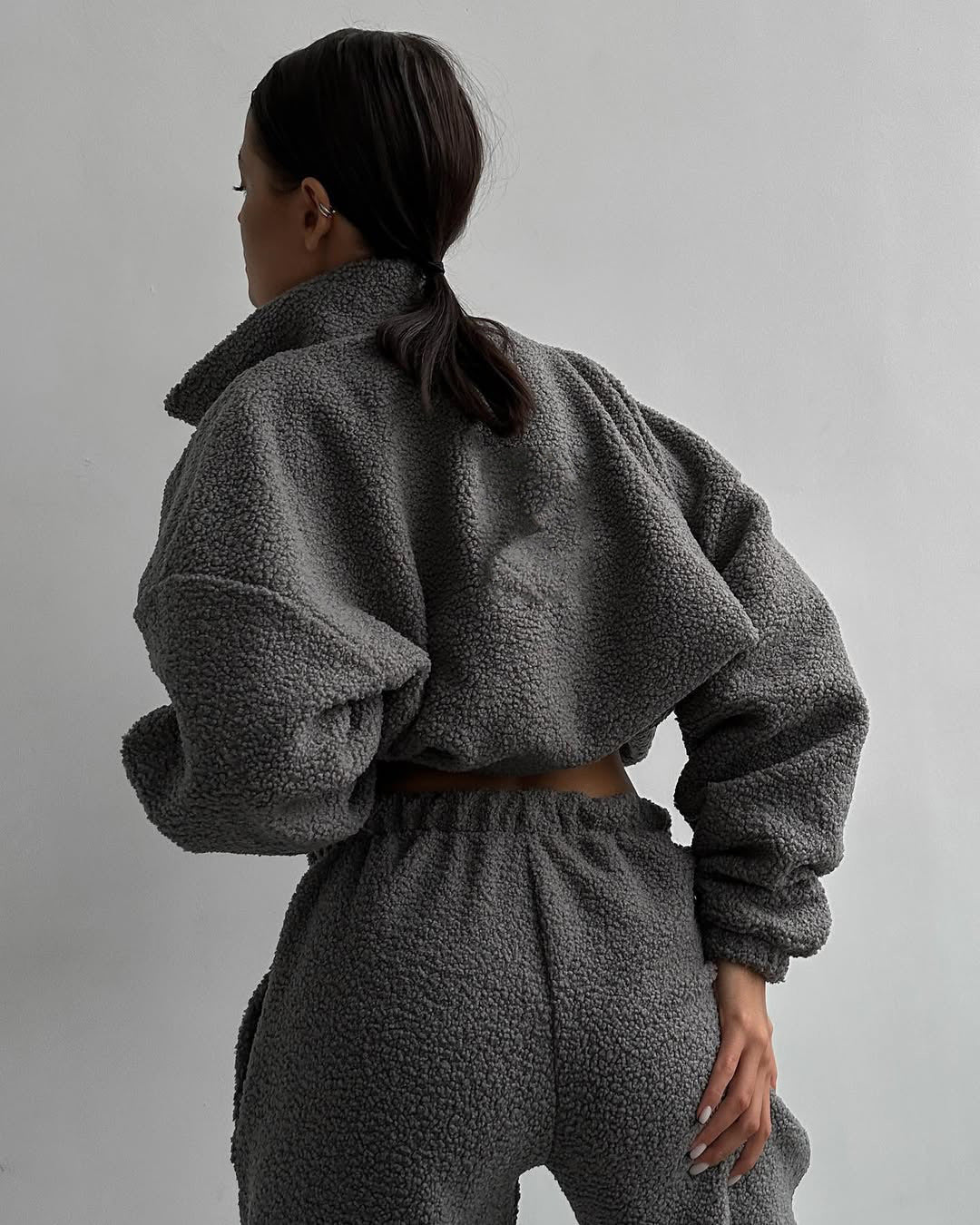 Damen Teddy-Fleece-Loungewear Set mit halbem Reißverschluss elastischem Tunnelzugbund und weitem Bein Arvani