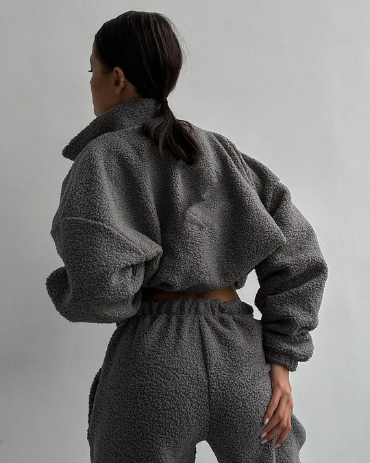 Damen Teddy-Fleece-Loungewear Set mit halbem Reißverschluss elastischem Tunnelzugbund und weitem Bein Arvani