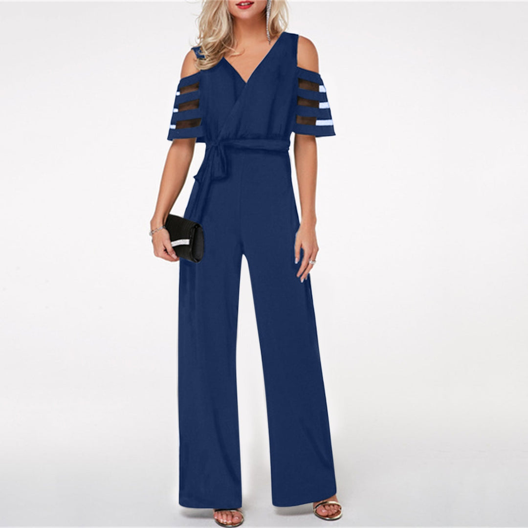 Damen Eleganter Jumpsuit mit transparenten Ärmel-Details und Taillengürtel