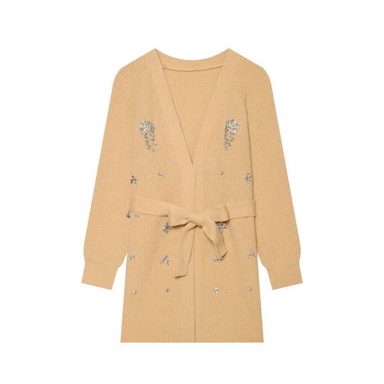 Damen Longcardigan mit Bindegürtel und Schmuckstein‑Applikation Nord Taschen