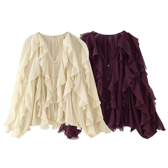 Damen Volant-Chiffonbluse mit Knopfleiste, gerafftem Ausschnitt und Ballonärmeln Nord Taschen