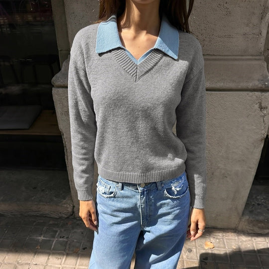 Damen Feinstrick-Polo-Pullover mit kontrastierendem Hemdkragen und V-Ausschnitt Nord Taschen